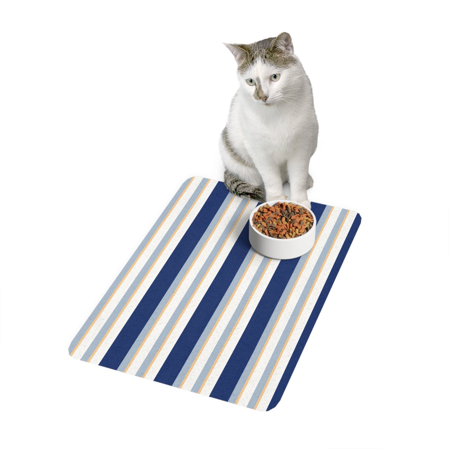 Nautical Strip Pet Food Mat Customize with Pet Name