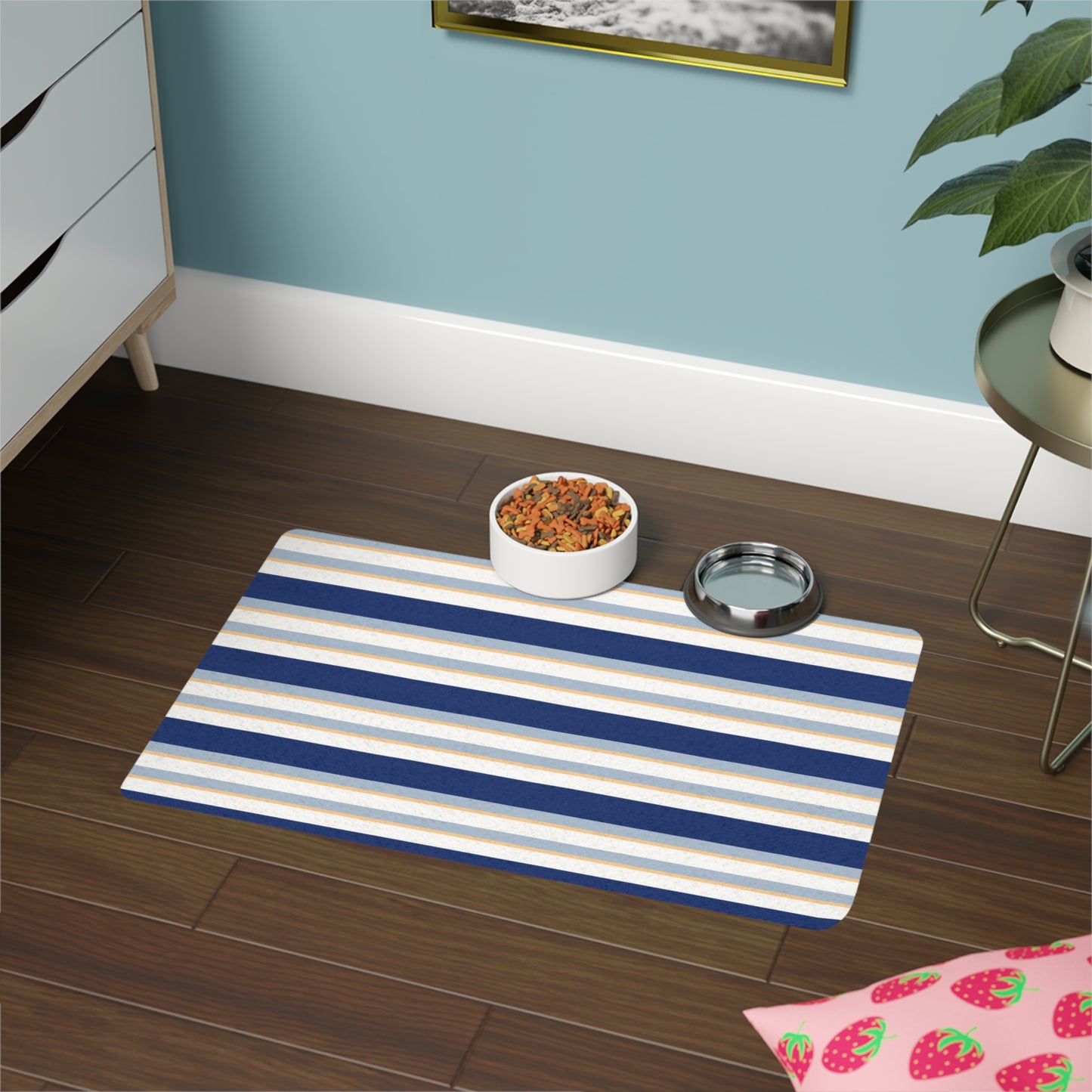 Nautical Strip Pet Food Mat Customize with Pet Name