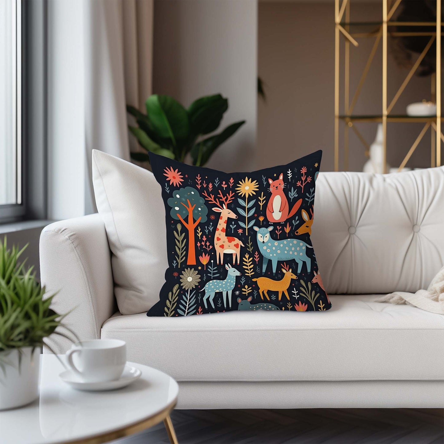 A Square Throw Pillow, Whimsical Wildlife in a Fairyland. Folk Art Style, Black Background 20 inch context