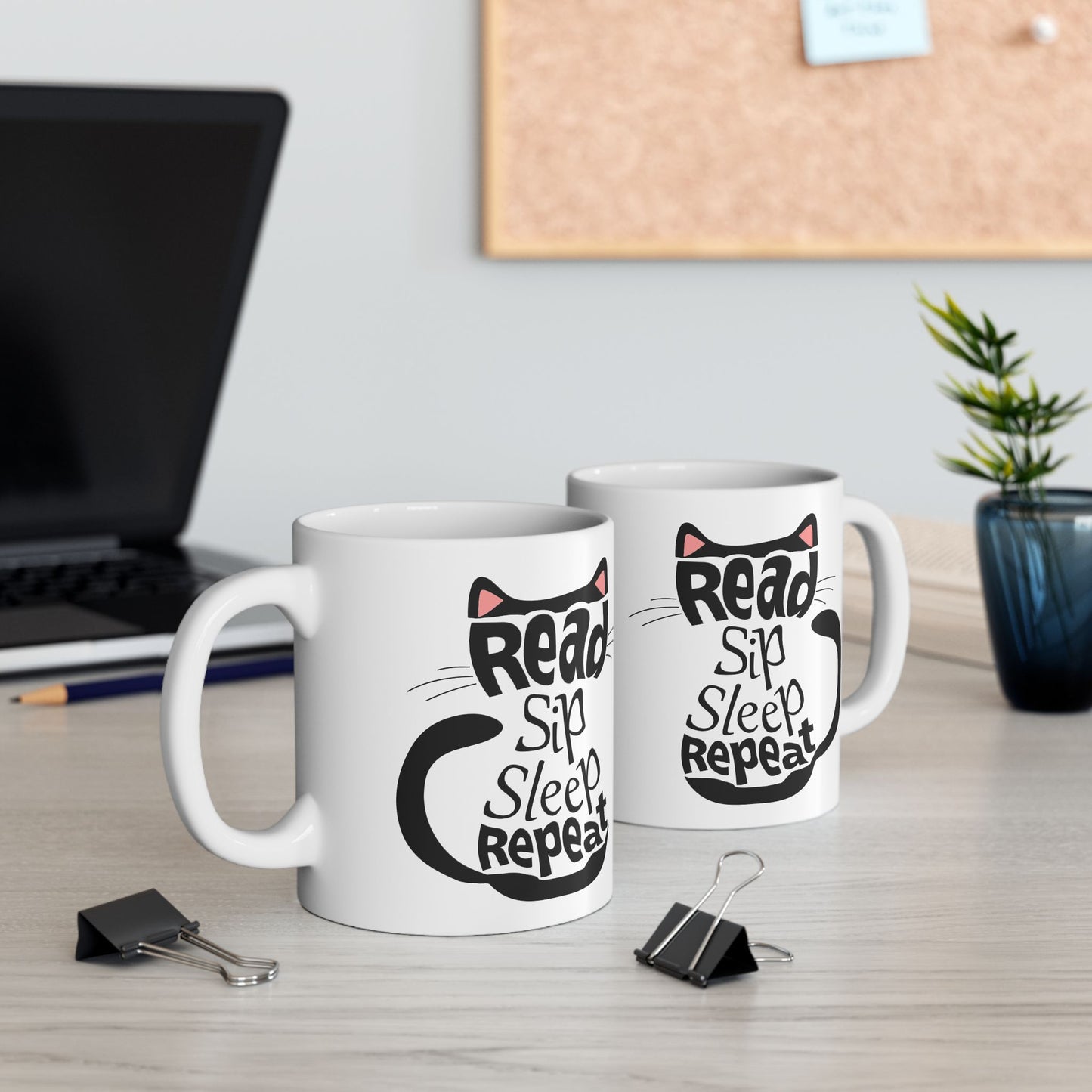 Black Cat Aesthetic Ceramic Mug - "Read, Sleep, Repeat" - Book Quote context 2 11 oz mugs