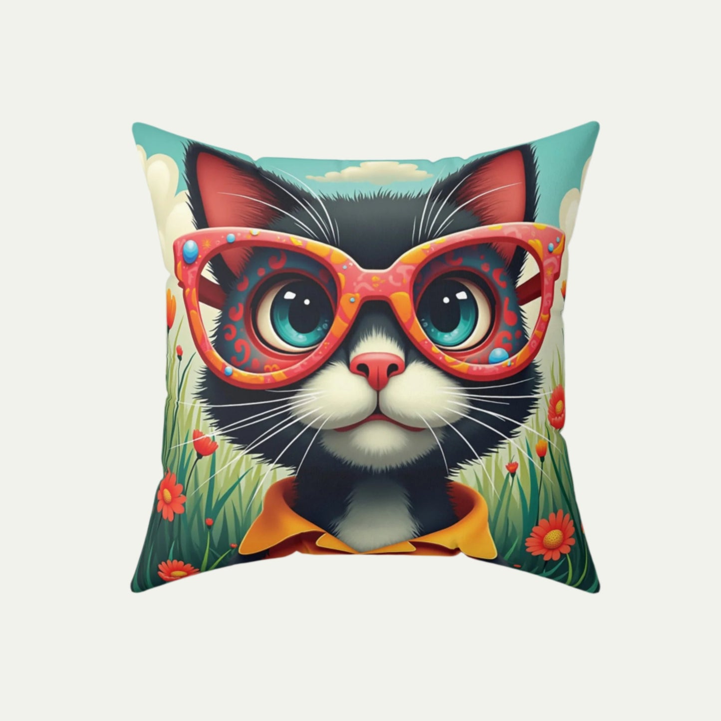Black Cat Square Accent Pillow, Sky Blue 18 inch Front