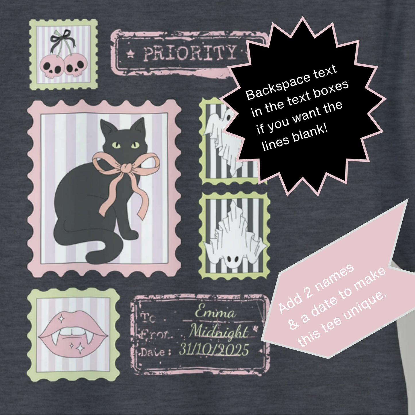 Instructions for custom shirt - backspace the text in the text boxes if you want the lines blank. Edit the names and dates if you want to create a custom design for your Halloween T-shirt.