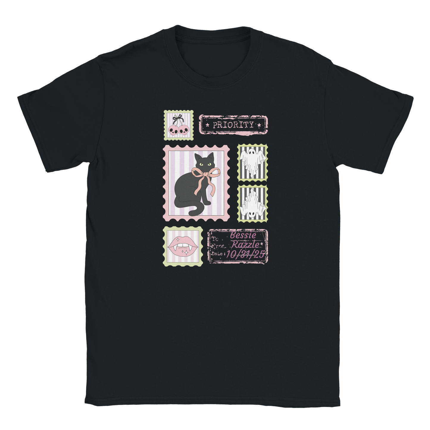Black t-shirt with a Halloween Coquette black cat-themed design and custom text on a white background