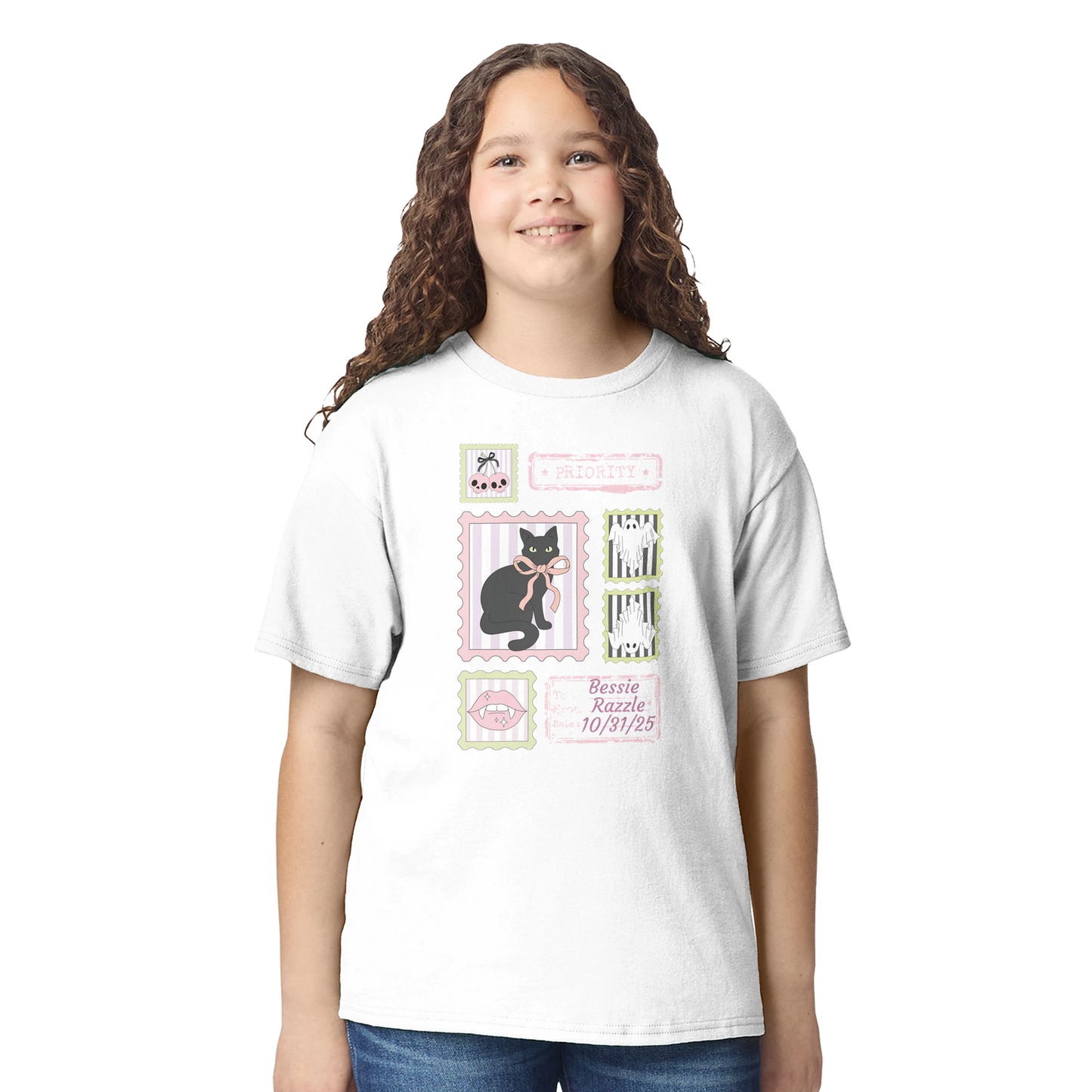 Girl wearing a white t-shirt with a black cat coquette Halloween graphic design on a white background