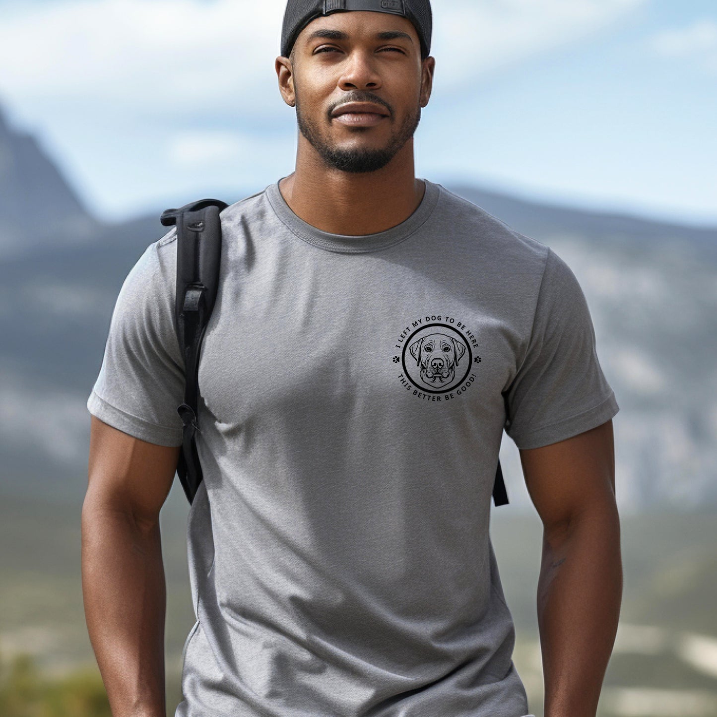 Custom Embroidered T-Shirt – 'I LEFT MY DOG TO BE HERE' Circle Design with Dog Breed context Sport Grey