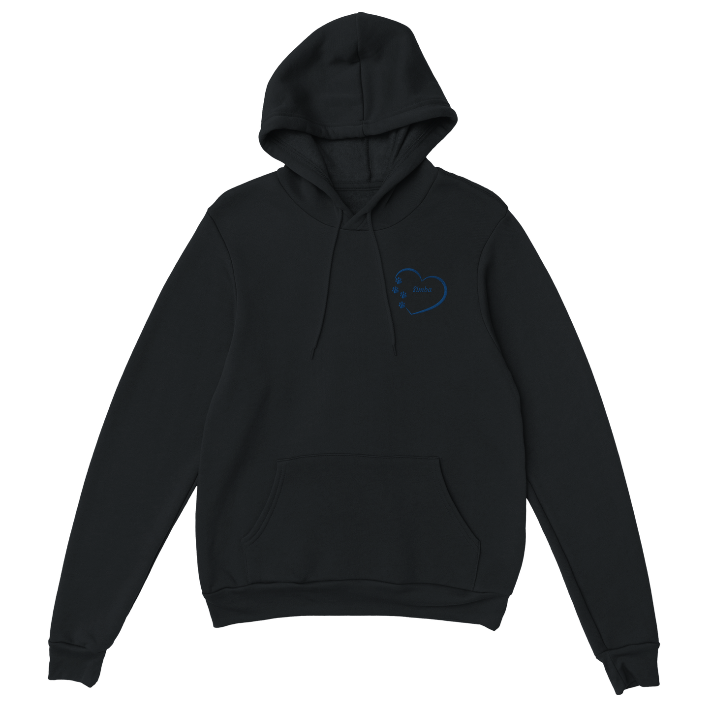 Custom Embroidery, Heart Personalized with Your Pet's Name on a Pullover black Hoodie Sweatshirt hearts inside blue thread no background