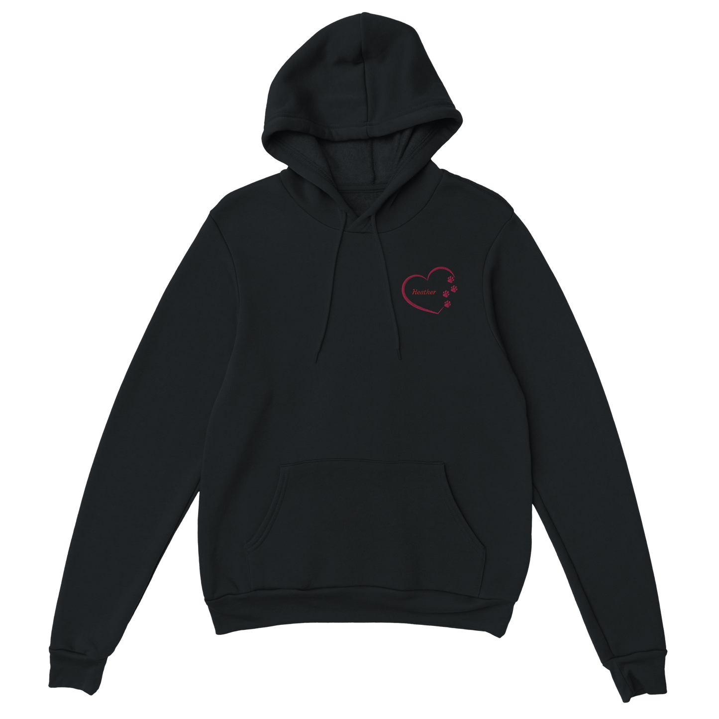 Custom Embroidery, Heart Personalized with Your Pet's Name on a Pullover black Hoodie Sweatshirt hearts outside pink thread no backgound