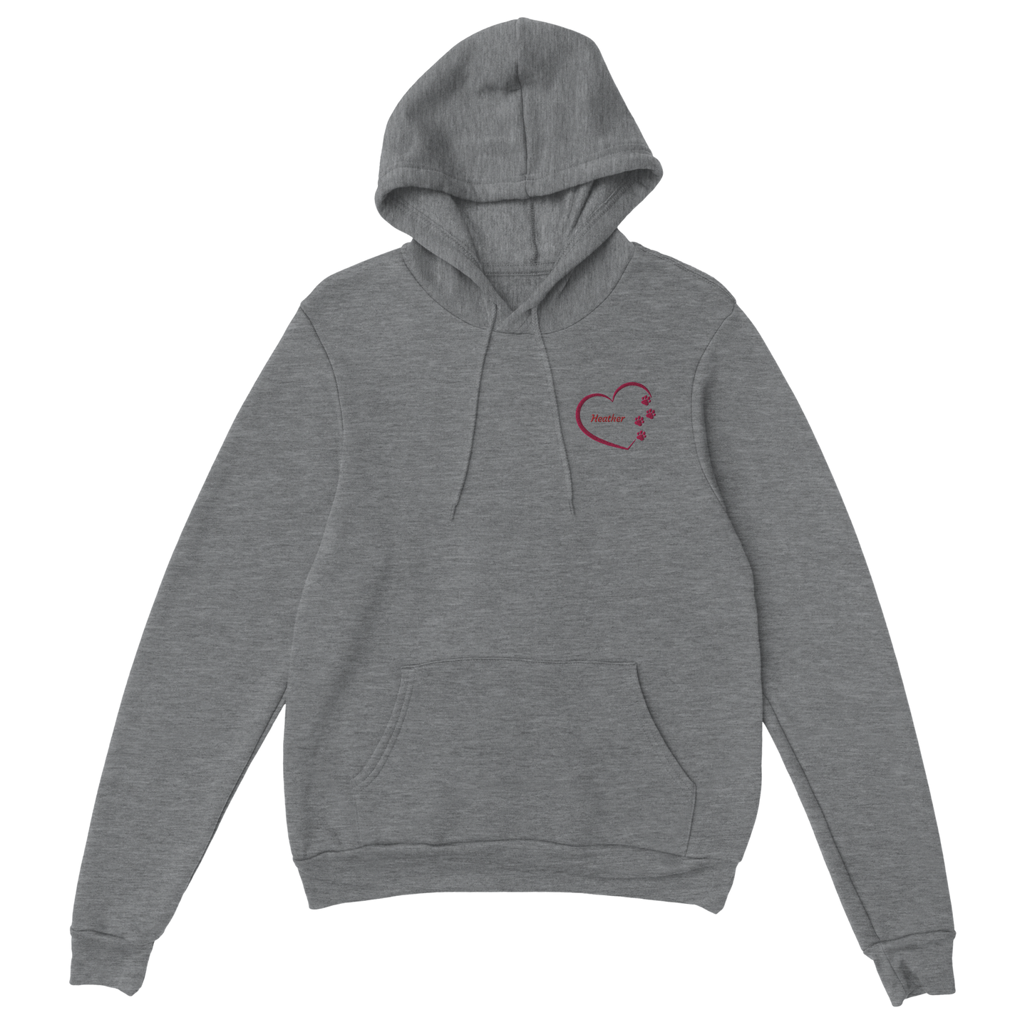 Custom Embroidery, Heart Personalized with Your Pet's Name on a Pullover grey Hoodie Sweatshirt hearts outside pink thread no background