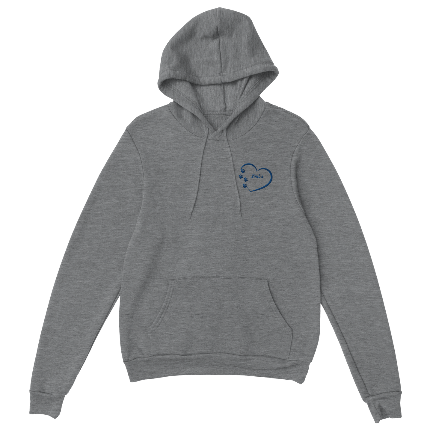 Custom Embroidery, Heart Personalized with Your Pet's Name on a Pullover grey Hoodie Sweatshirt heartsinside blue thread no background