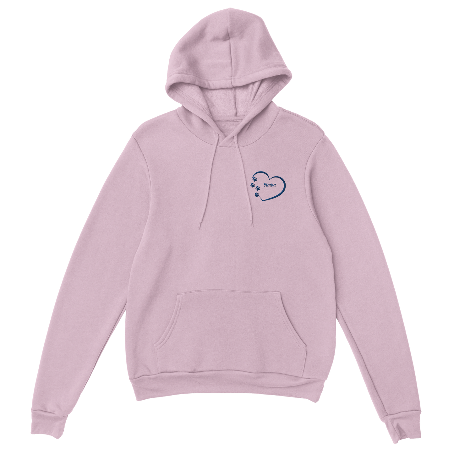 Custom Embroidery, Heart Personalized with Your Pet's Name on a Pullover pink Hoodie Sweatshirt hearts inside blue thread