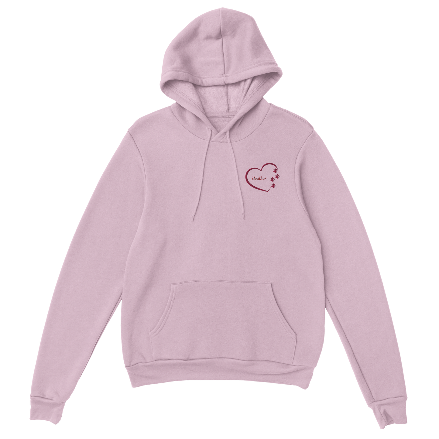 Custom Embroidery, Heart Personalized with Your Pet's Name on a Pullover pink Hoodie Sweatshirt hearts outside pink thread no background
