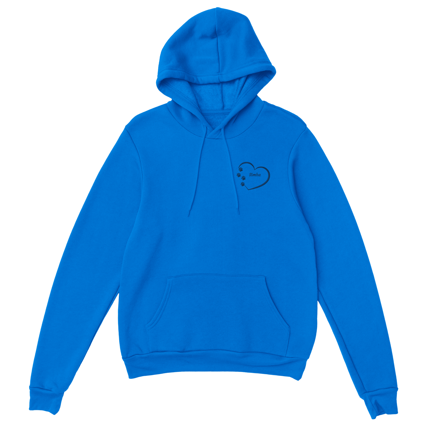 Custom Embroidery, Heart Personalized with Your Pet's Name on a Pullover royal blue Hoodie Sweatshirt hearts inside blue thread no background