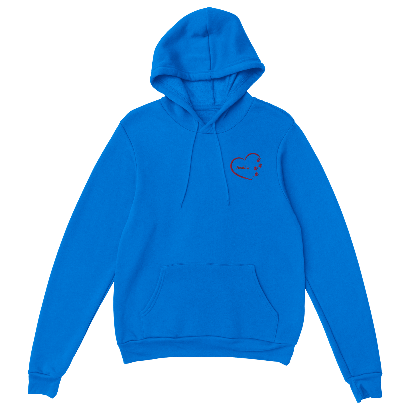 Custom Embroidery, Heart Personalized with Your Pet's Name on a Pullover royal blue Hoodie Sweatshirt hearts outside pink thread no background