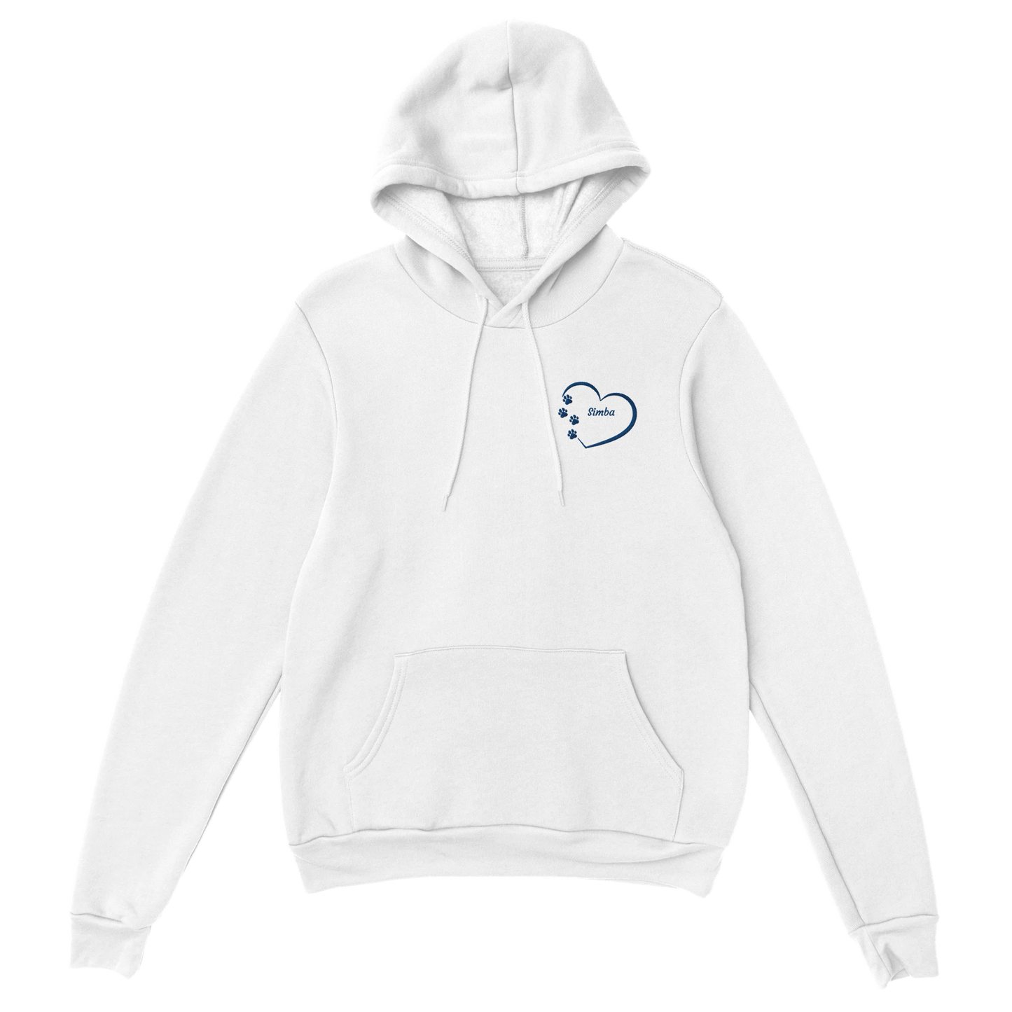 Custom Embroidery, Heart Personalized with Your Pet's Name on a Pullover white Hoodie Sweatshirt hearts inside blue thread no background