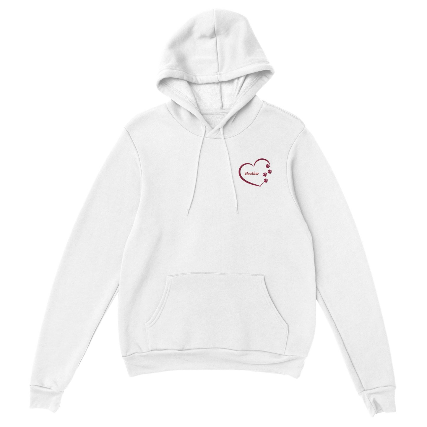 Custom Embroidery, Heart Personalized with Your Pet's Name on a Pullover white Hoodie Sweatshirt hearts outside pink thread no background