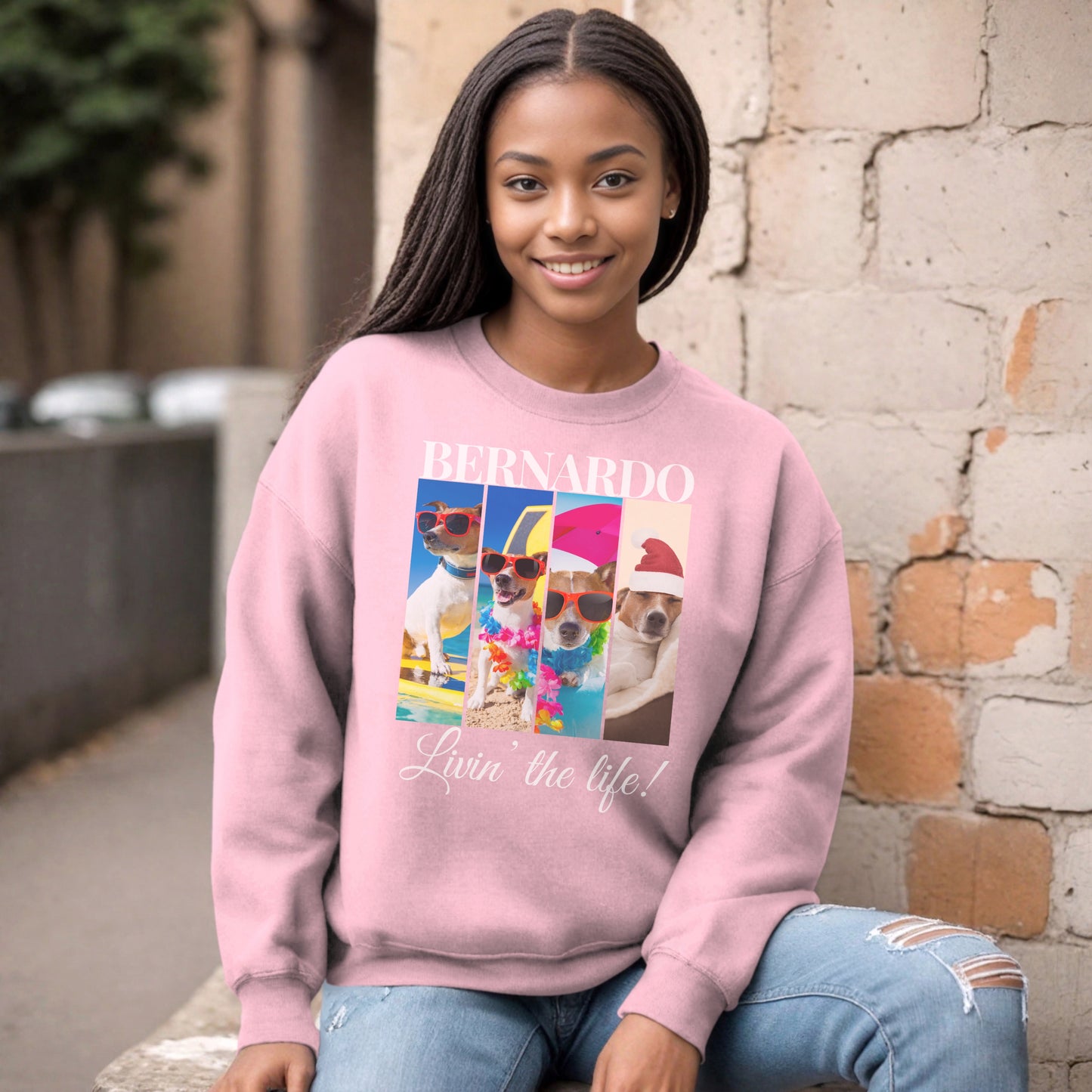Custom Pet 4 Photo SweatShirt – Elegant Design with Personalization Options context Light pink