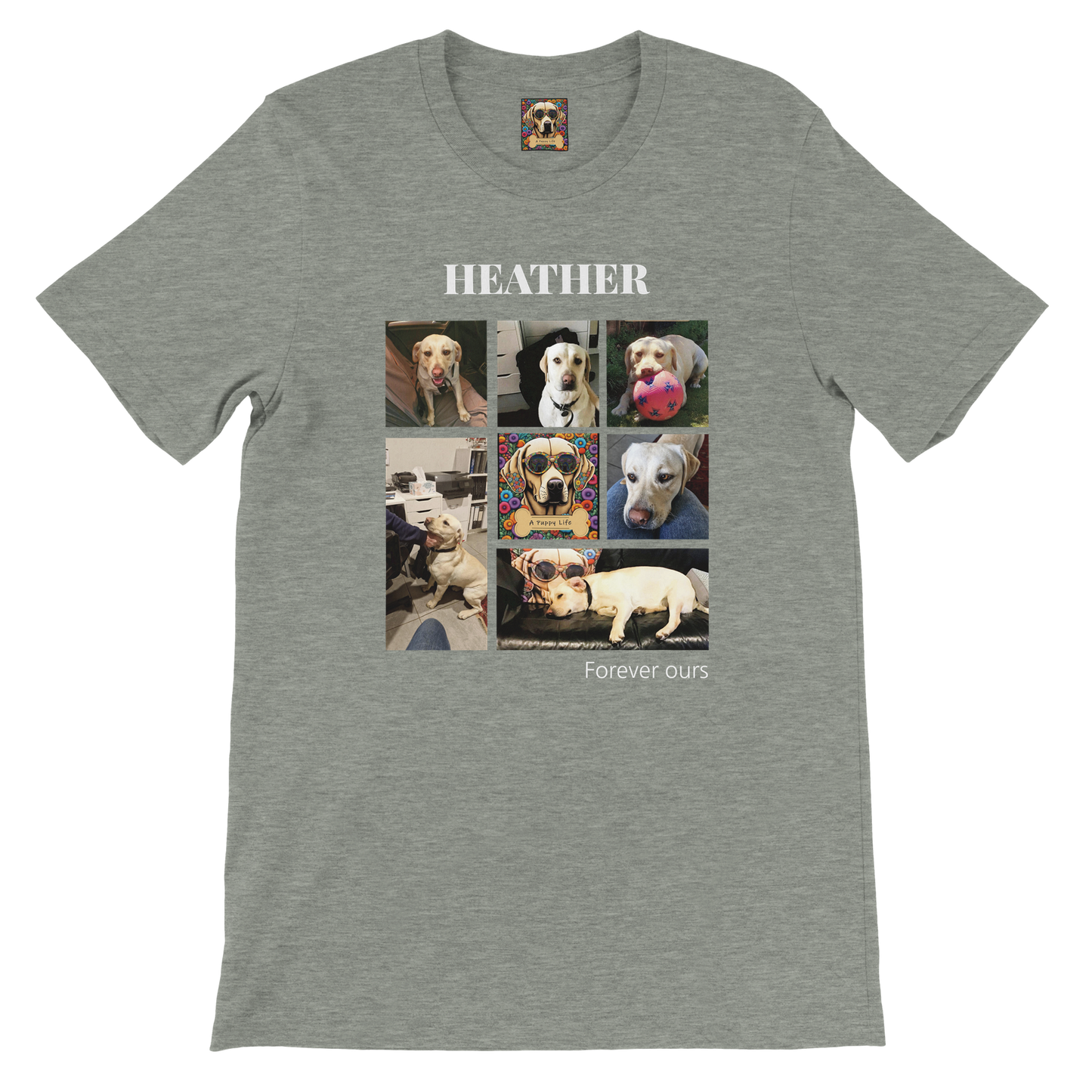 Custom Pet Photo Collage T-Shirt – Personalize with 7 Photos & Your Pet's Name White text Athletic Heather - Grey