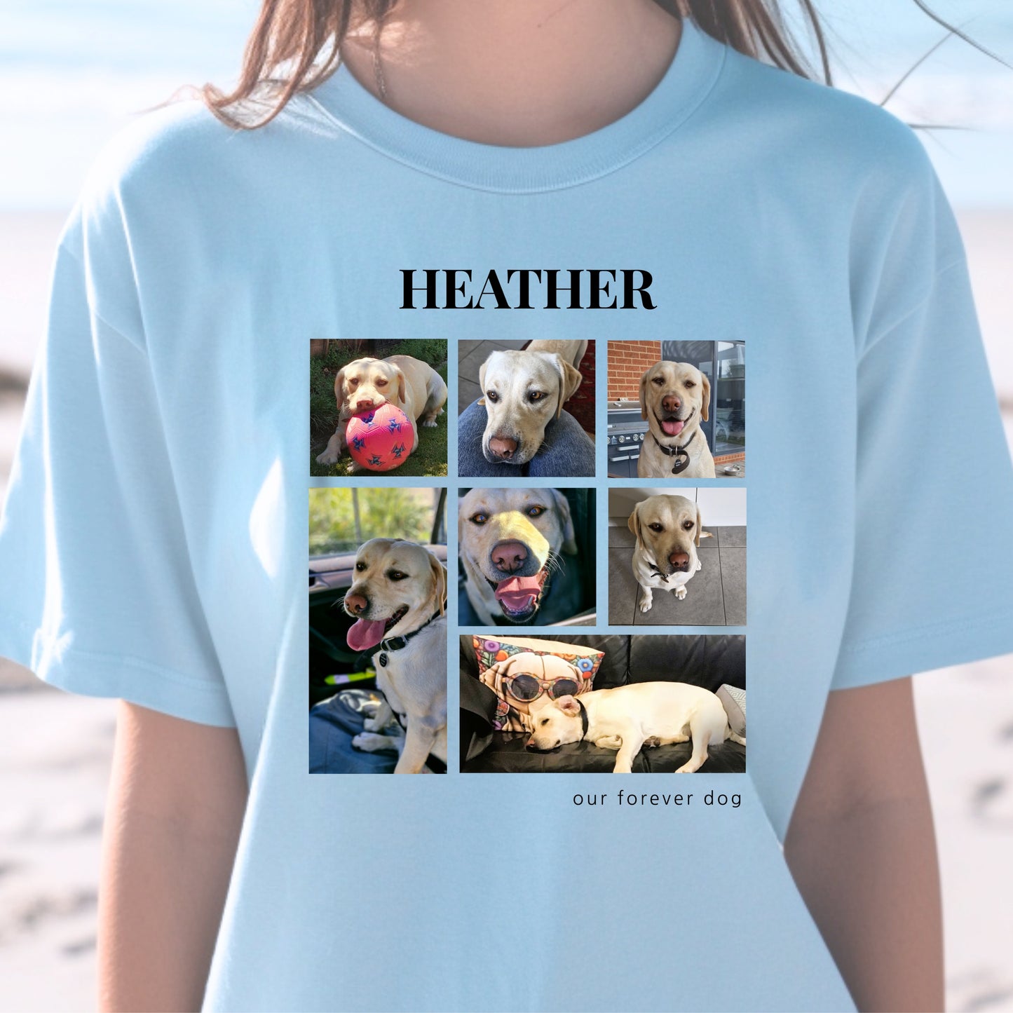 Custom Pet Photo Collage T-Shirt – Personalize with 7 Photos & Your Pet's Name context Light Blue