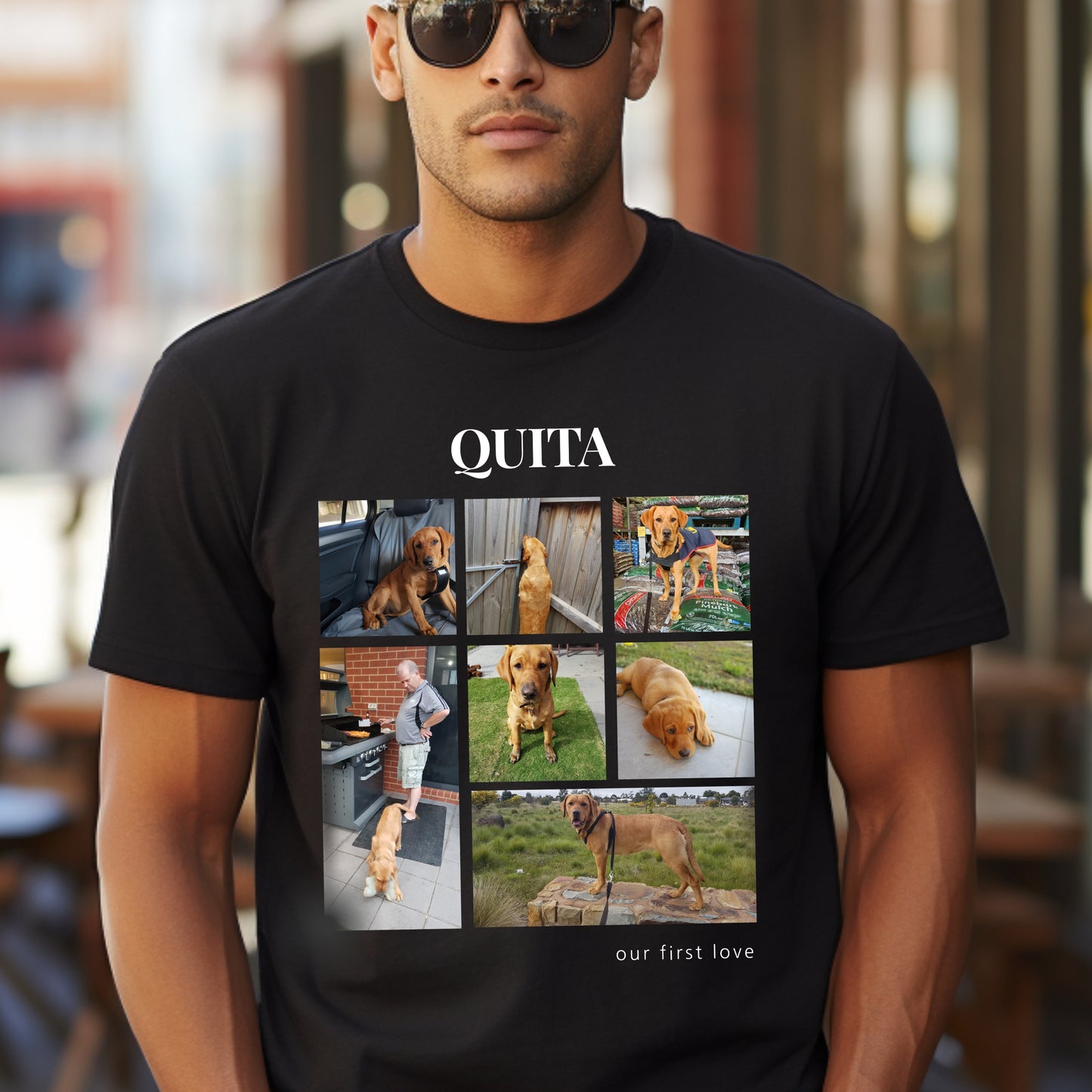 Custom Pet Photo Collage T-Shirt – Personalize with 7 Photos & Your Pet's Name context black