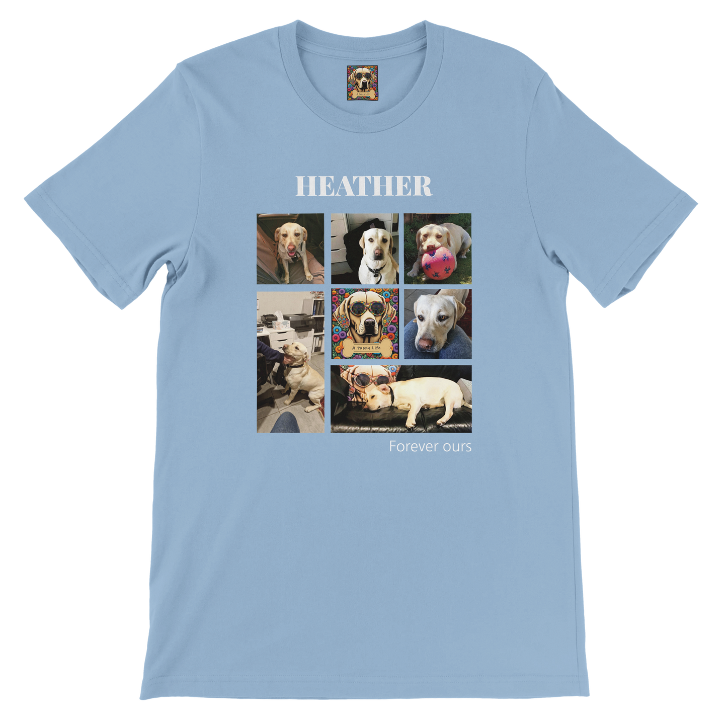 Custom Pet Photo Collage T-Shirt – Personalize with 7 Photos & Your Pet's Name white text Light blue