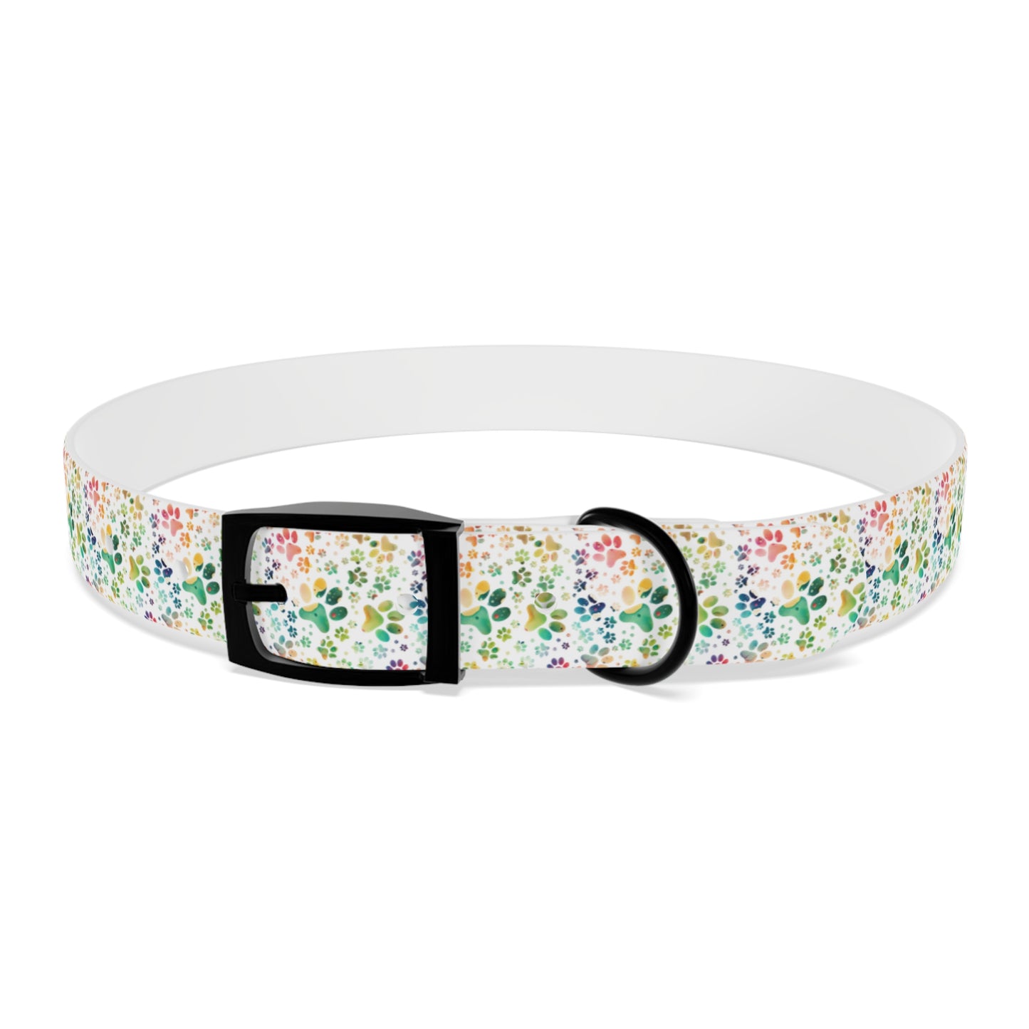 Dog Collar| Collar with Colorful Paw Prints on White Background| Odor-proof and Stain-Resistant| Rainbow-Splash front black buckle 3