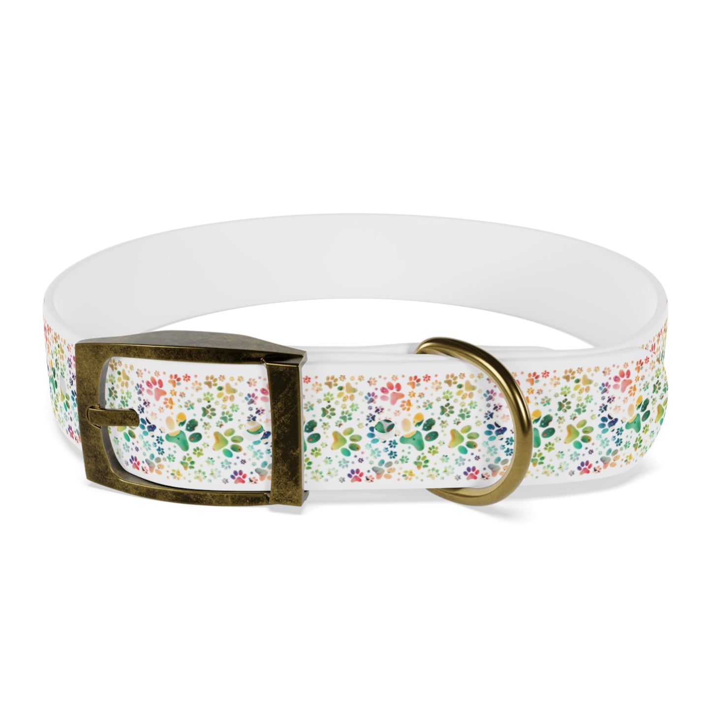 Dog Collar| Collar with Colorful Paw Prints on White Background| Odor-proof and Stain-Resistant| Rainbow-Splash front brass buckle