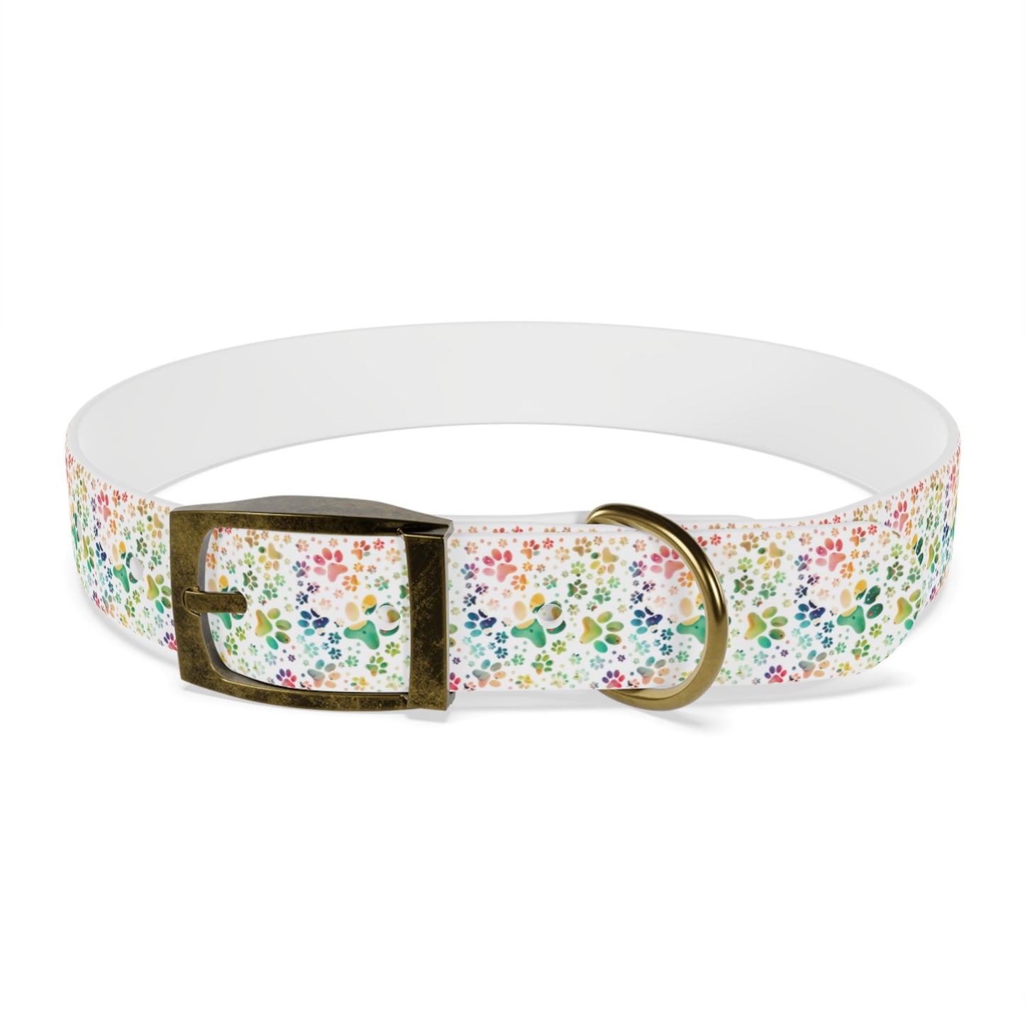 Dog Collar| Collar with Colorful Paw Prints on White Background| Odor-proof and Stain-Resistant| Rainbow-Splash front brass buckle 1