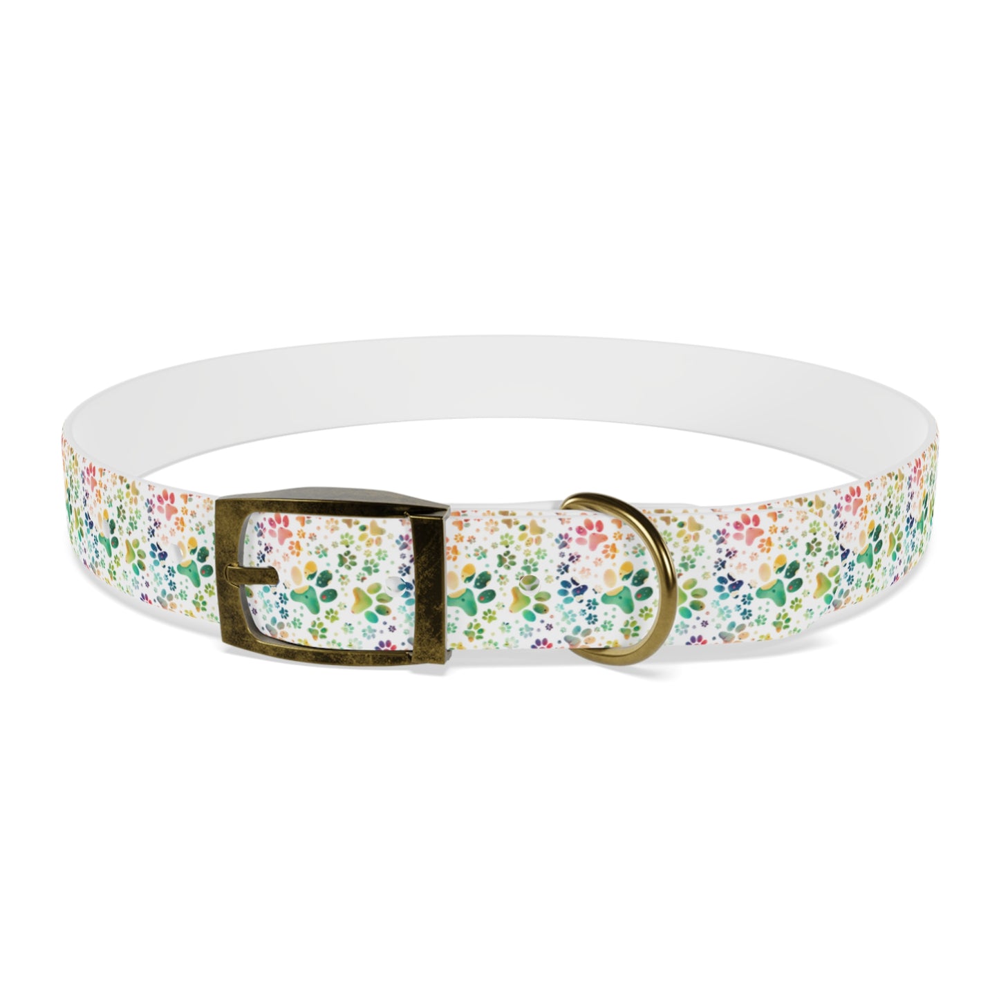 Dog Collar| Collar with Colorful Paw Prints on White Background| Odor-proof and Stain-Resistant| Rainbow-Splash front brass buckle 2