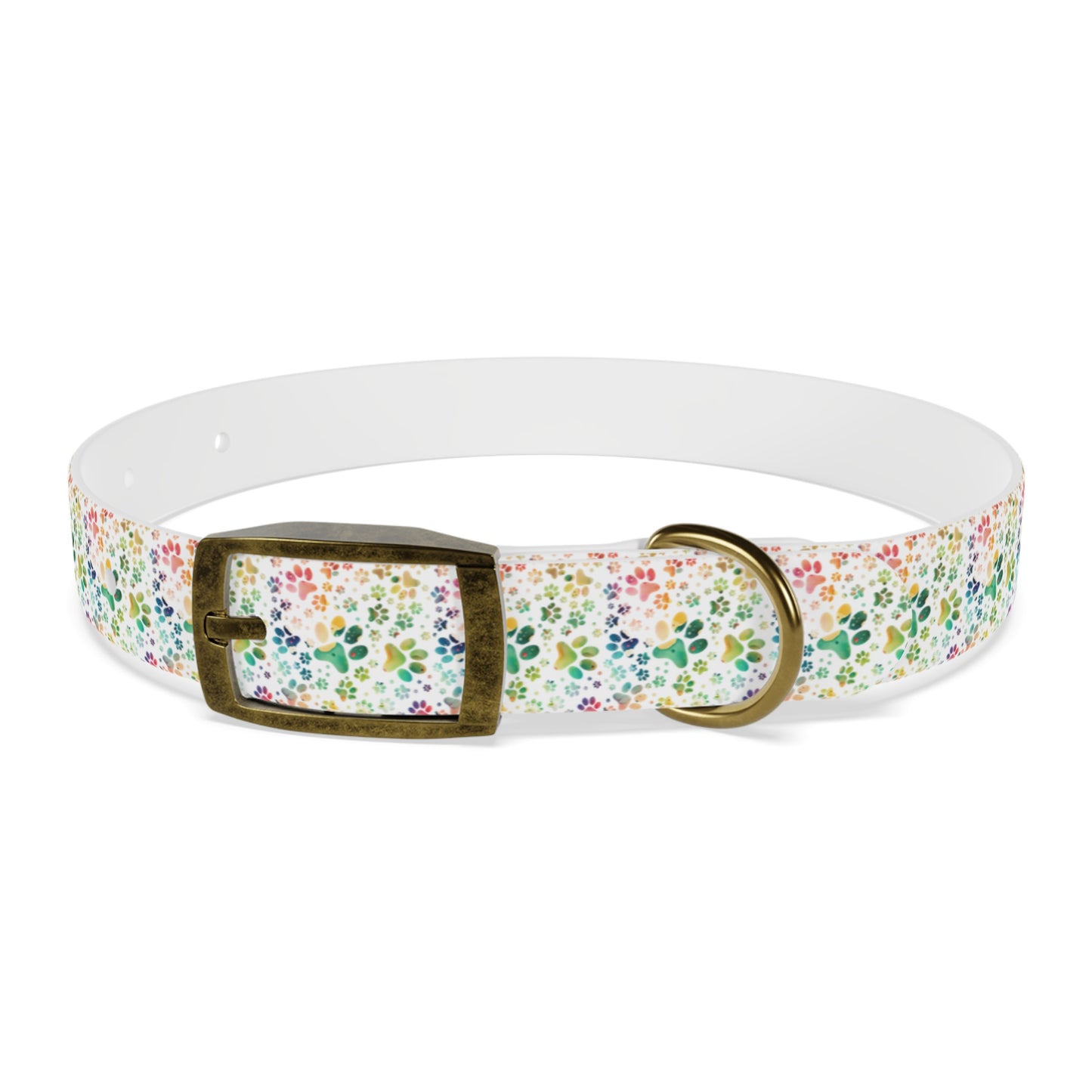 Dog Collar| Collar with Colorful Paw Prints on White Background| Odor-proof and Stain-Resistant| Rainbow-Splash front brass buckle 3