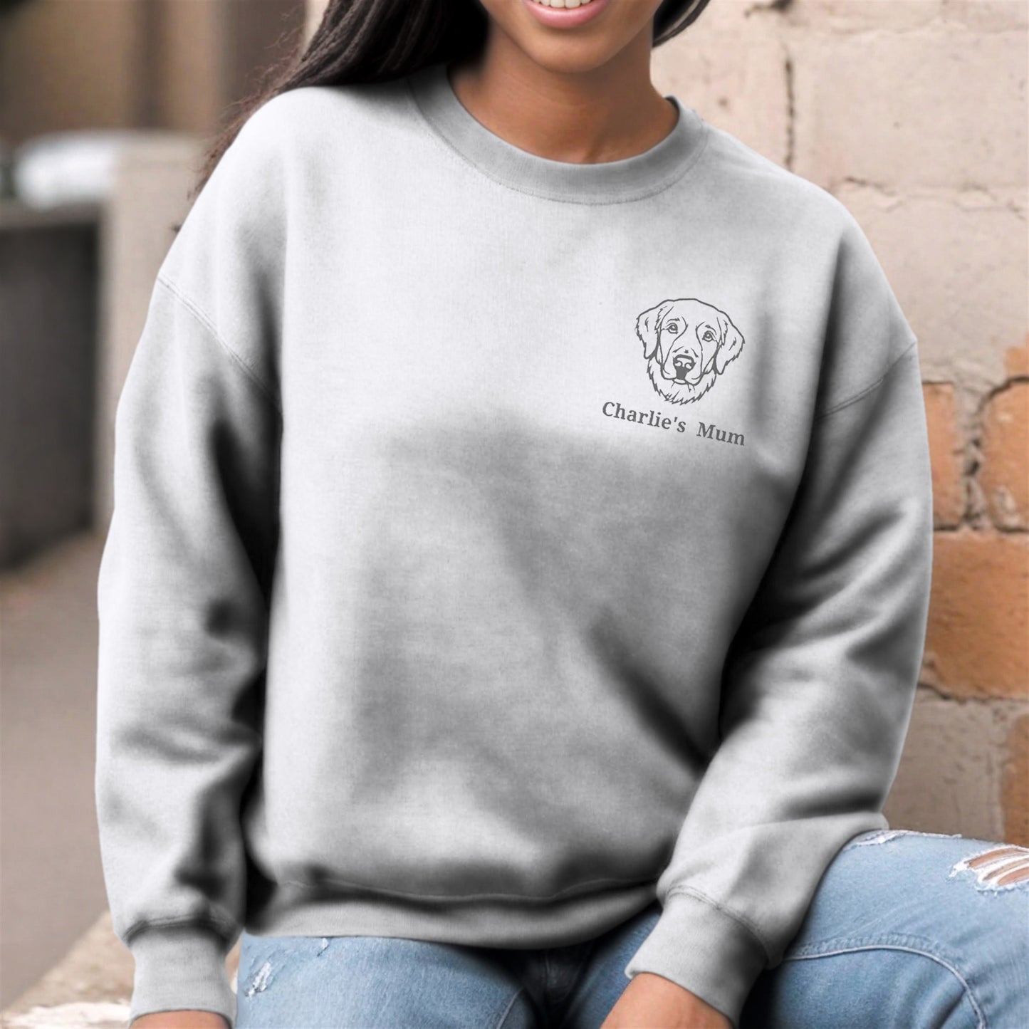 Embroidered Classic Crewneck Sweatshirt | Customize Dog Breed and Name Context Ash