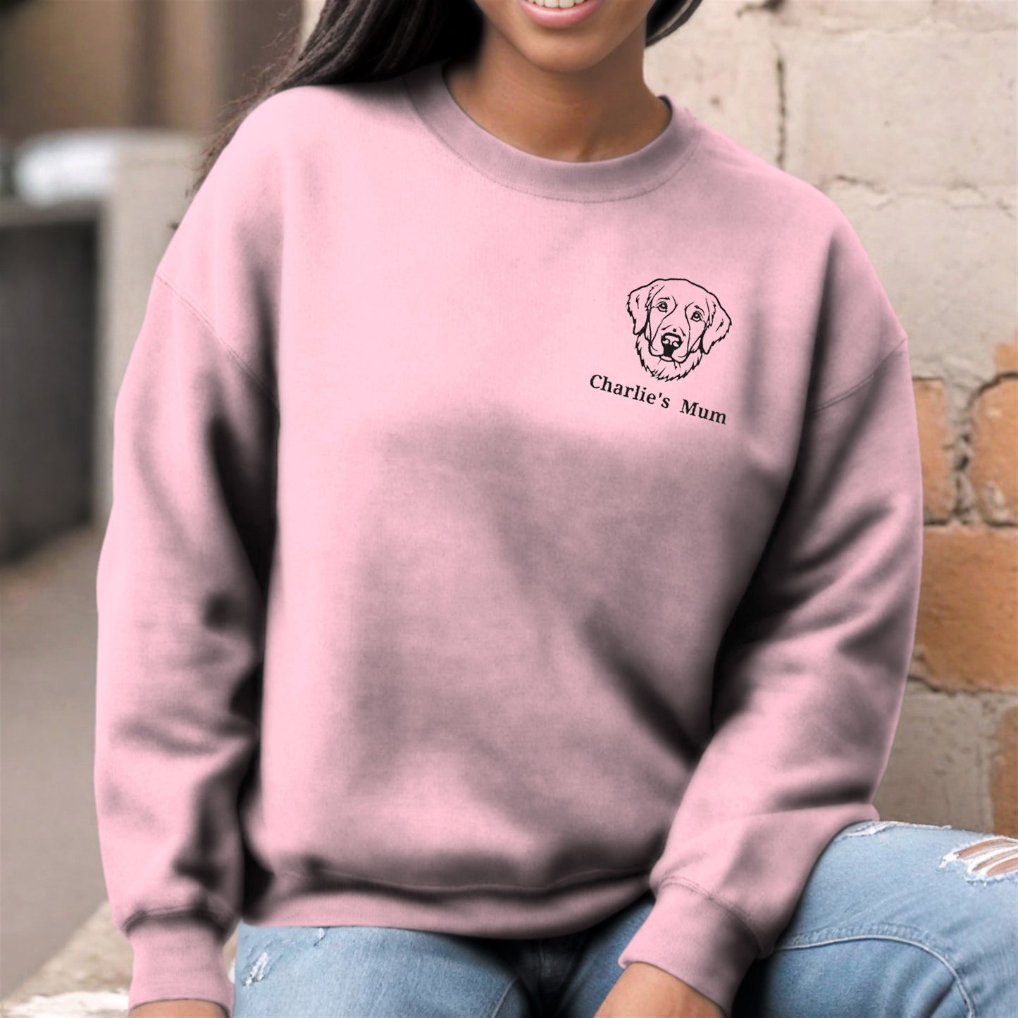 Embroidered Classic Crewneck Sweatshirt | Customize Dog Breed and Name Context Light Pink