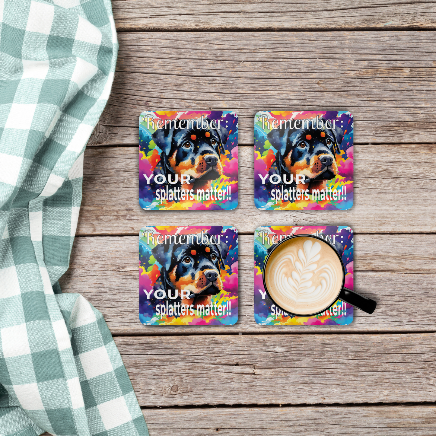 Funny Colorful Rottweiler Puppy Corkwood Coaster Set context 4