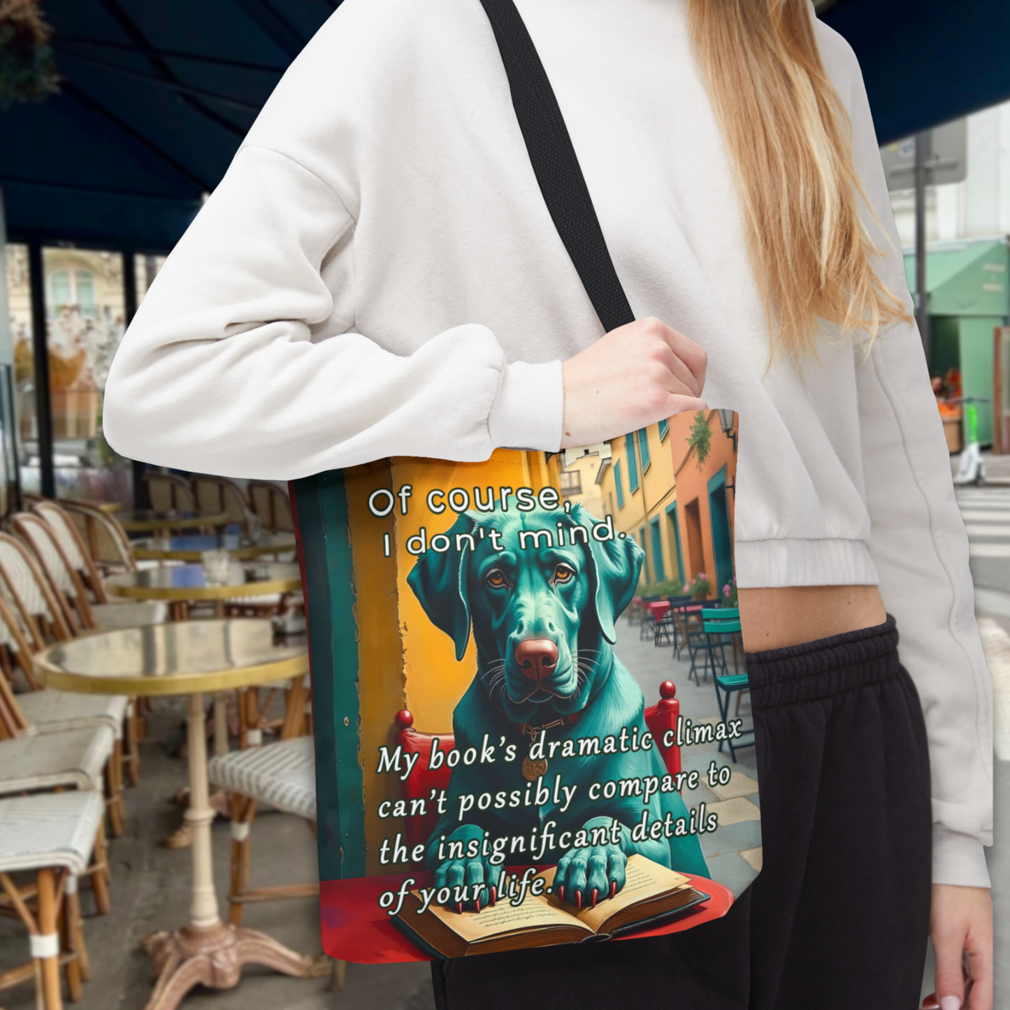 Funny Sarcastic Canvas Book Bag Bold Colors Bookish Meme with Dog context 13 inch small