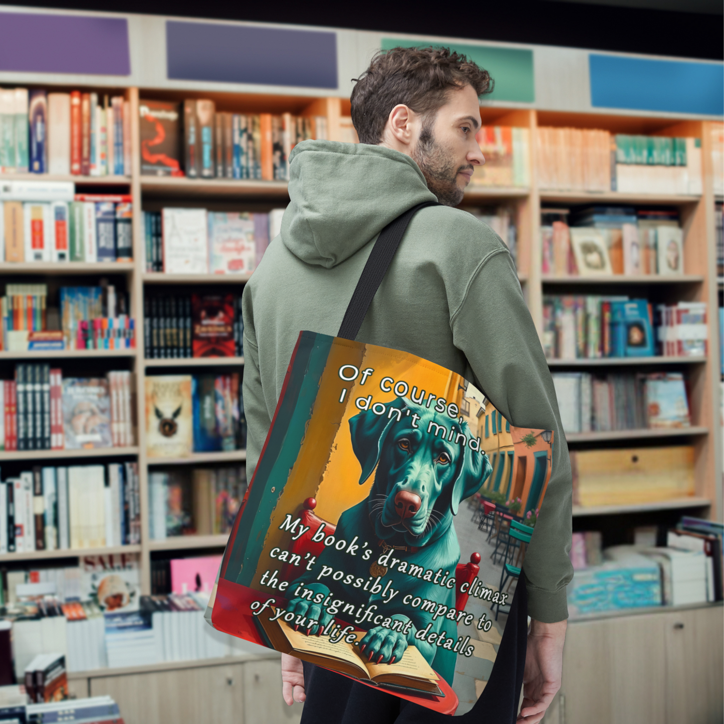 Funny Sarcastic Canvas Book Bag Bold Colors Bookish Meme with Dog context 18 inch large
