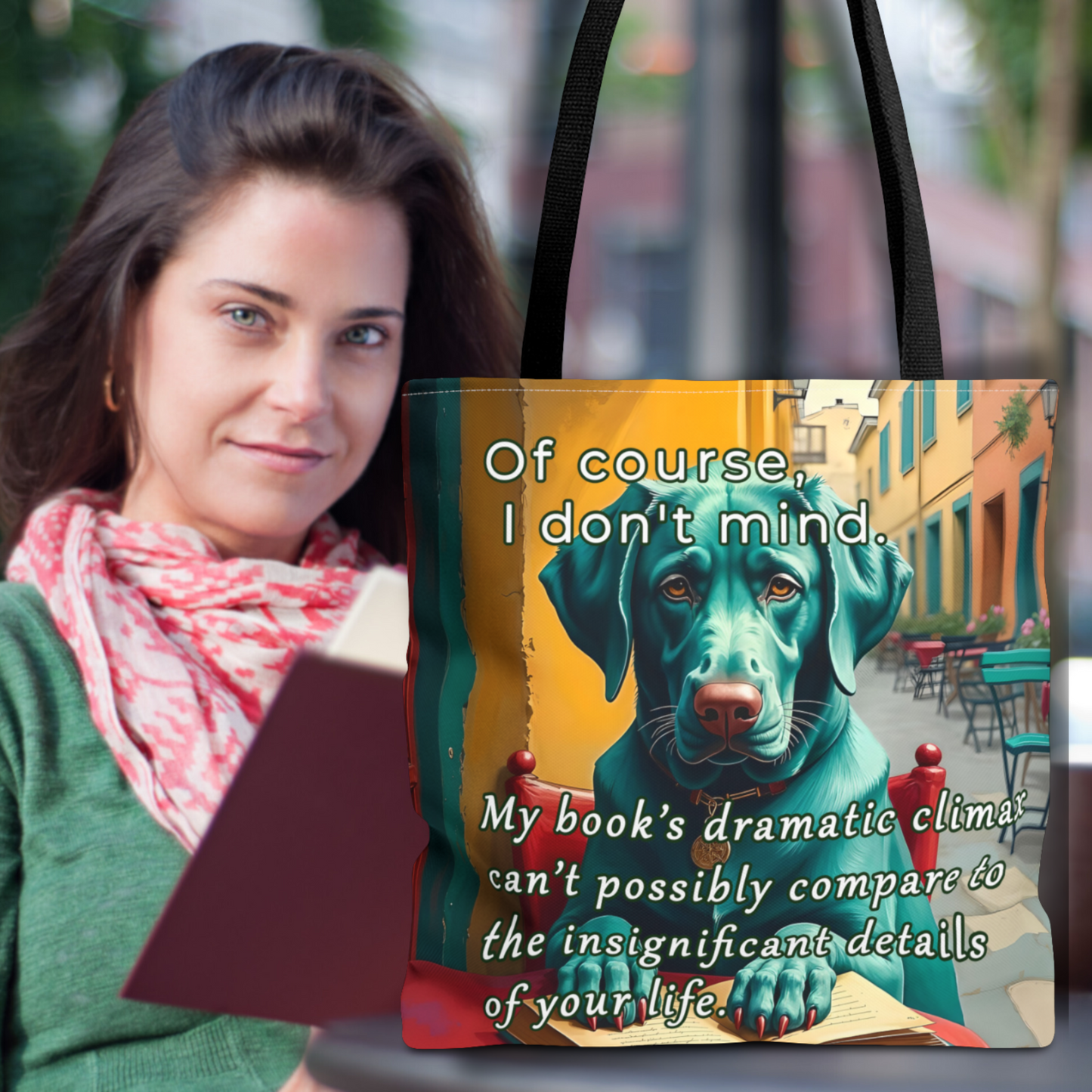 Funny Sarcastic Canvas Book Bag Bold Colors Bookish Meme with Dog context 2 with woman reading