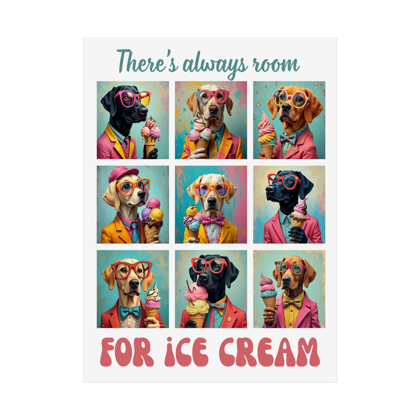 Poster with dogs wearing colorful outfits and sunglasses holding ice cream cones, with text 'There's always room for ice cream'.