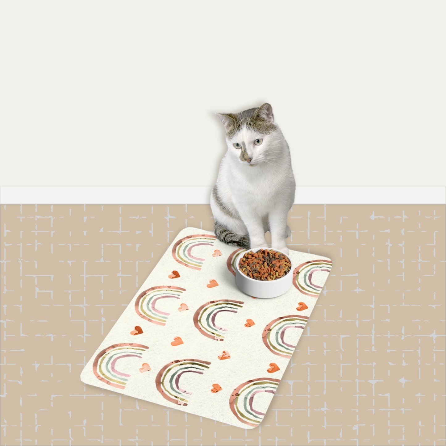 Joyful Rainbows and Hearts Illustration, Pet Food Mat (12x18)