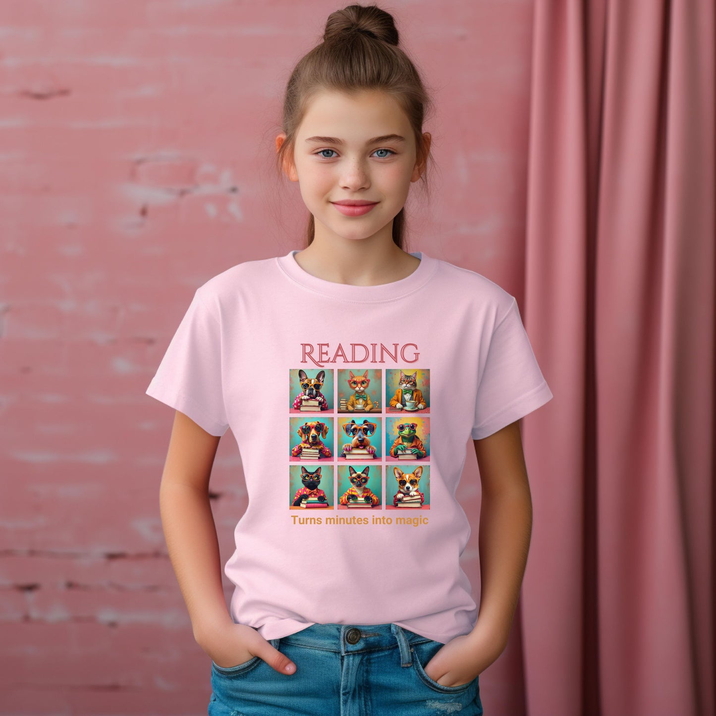 Kids Whimsical Book Quote Reading Aesthetic Graphic T-shirt - for Young Book Worms context Light Pink