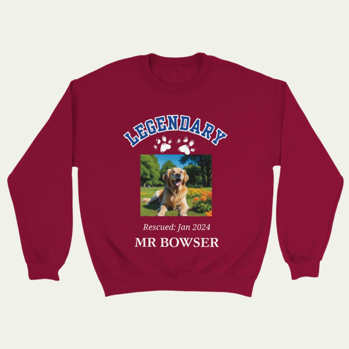 Legendary Pet Personalized Crewneck Sweatshirt in Letterman Design, add custom pet photo front Cardinal Red