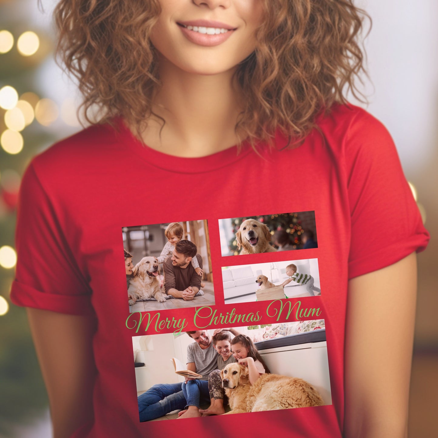 Modern Elegant Personalized Photo Collage Cotton T-shirt context Red with green text