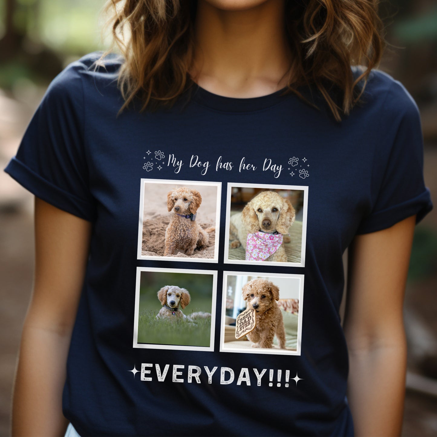 Personalizable with Custom Dog Photos, Premium Cotton Crewneck T-shirt for Dog Owner, Add Four Photos her day context navy female context