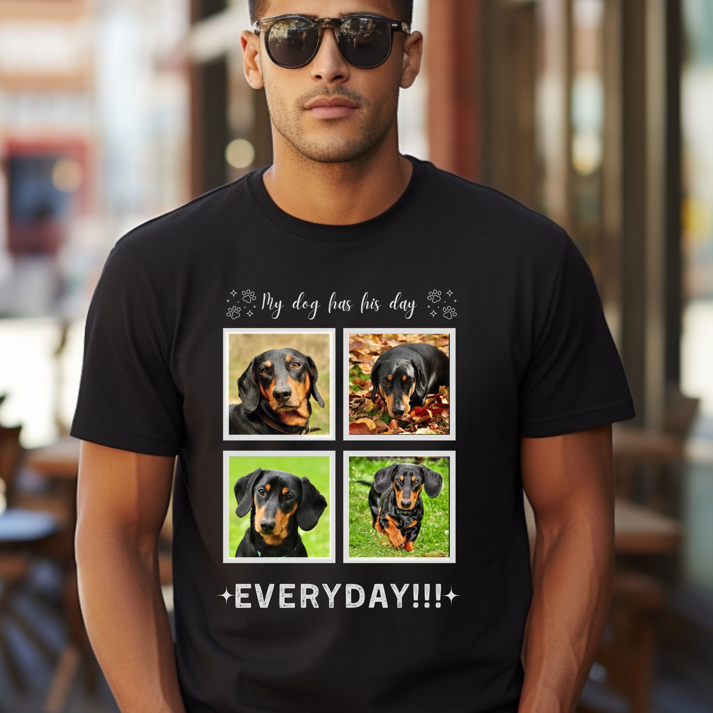 Personalizable with Custom Dog Photos, Premium Cotton Crewneck T-shirt for Dog Owner, Add Four Photos his day context black male context