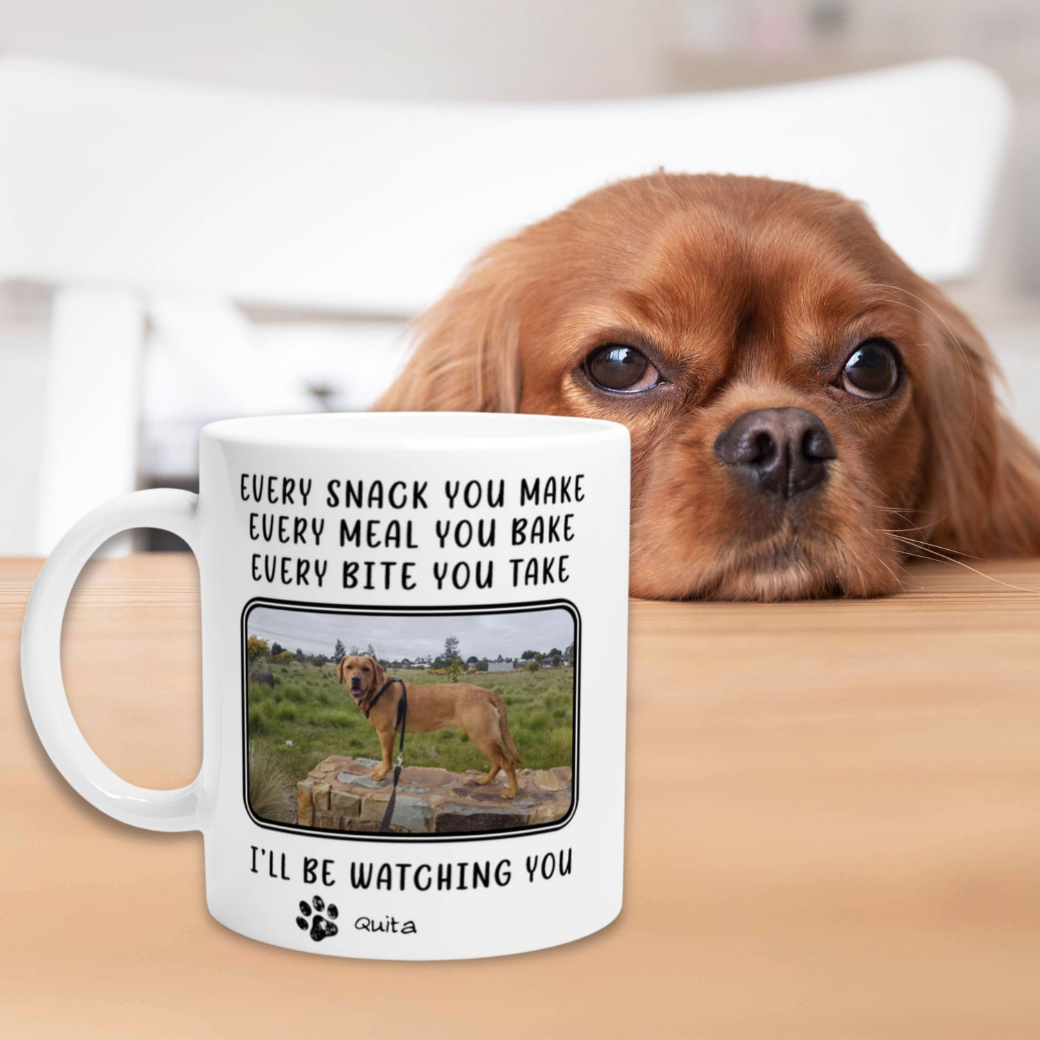 Personalized 11oz Mug - 'Every Snack You Make' with Custom 2 Pet Photos context cute puppy watching