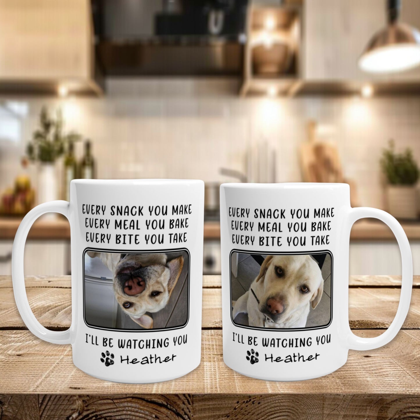 Personalized 15oz Mug - Every Snack You Make with Custom 2 Pet Photos context Kitchen both sides of mug