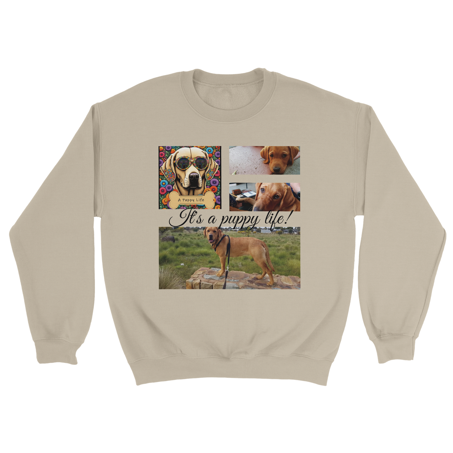 Personalized Photo Collage Pet Sweatshirt – Stylish, Cozy & Uniquely Yours Dark Heather Sand with black text