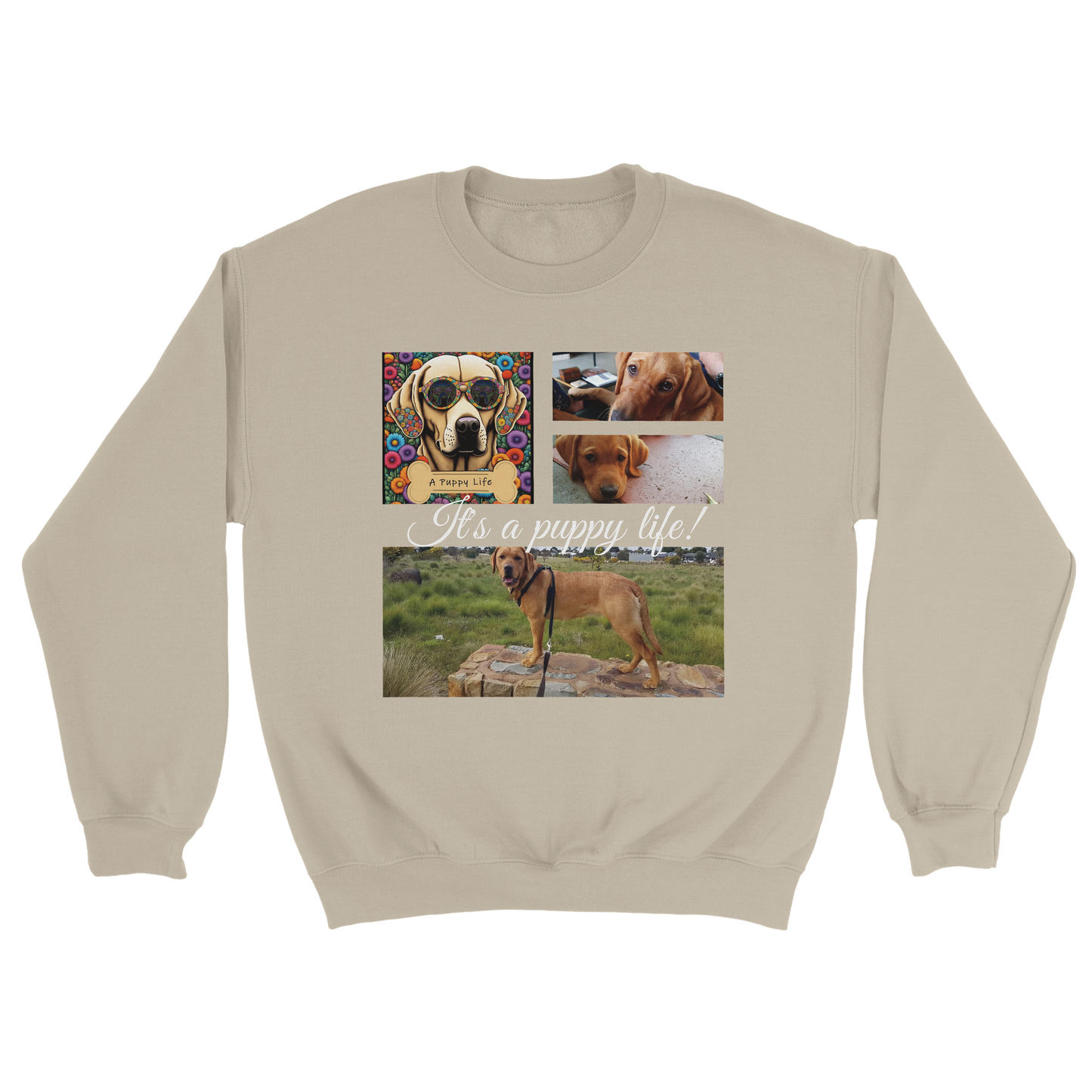 Personalized Photo Collage Pet Sweatshirt – Stylish, Cozy & Uniquely Yours Sand with white text