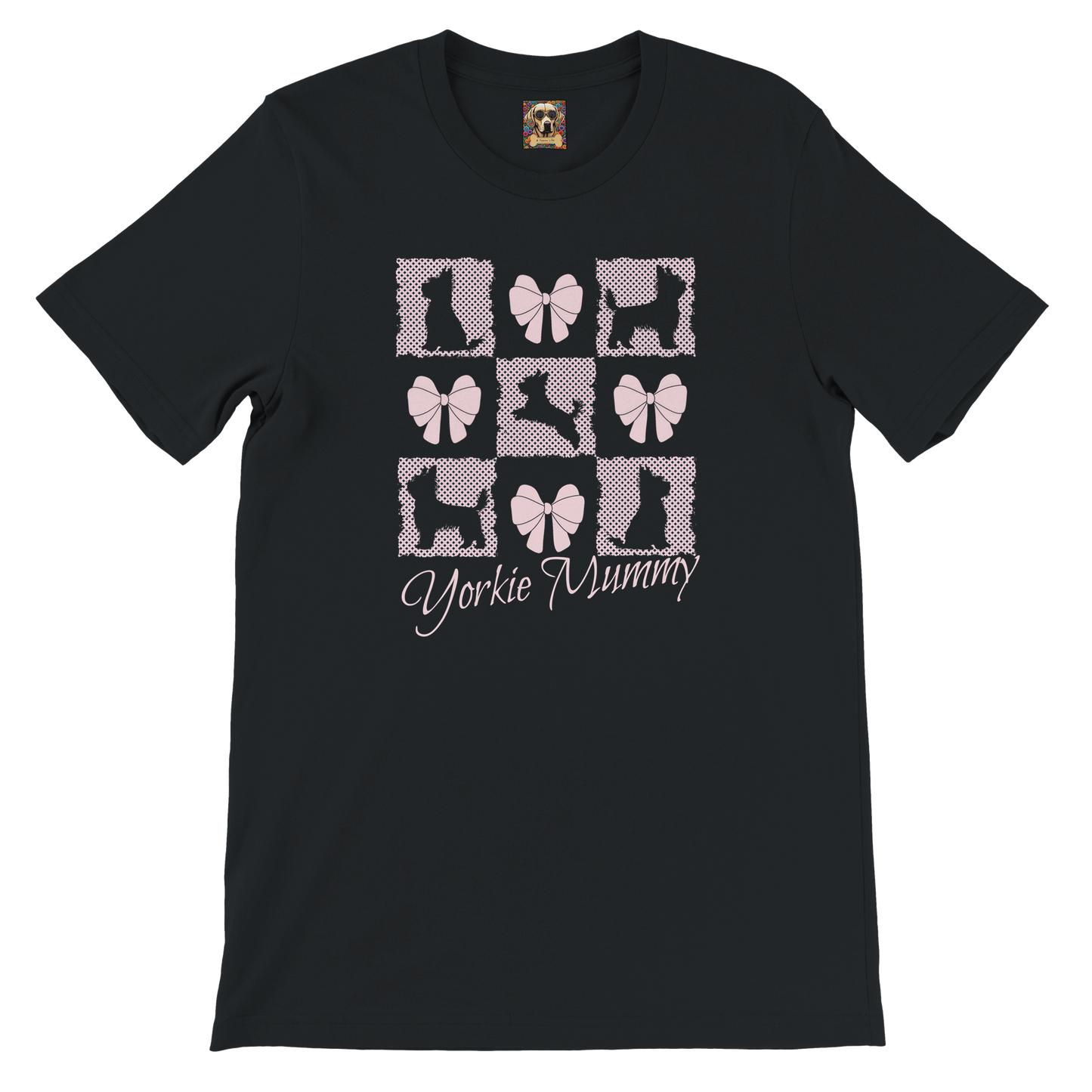 Personalized T-Shirt – Grand Millennial & Coquette Chic, Yorkie Silhouette & Pink Bow Collage Black