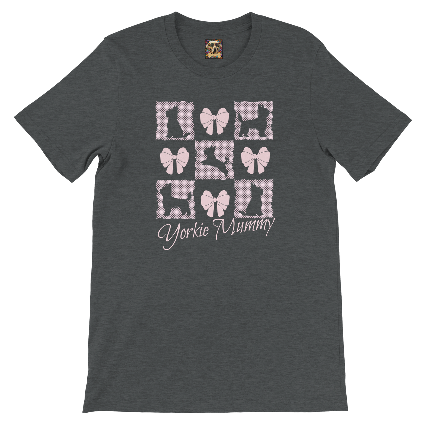 Personalized T-Shirt – Grand Millennial & Coquette Chic, Yorkie Silhouette & Pink Bow Collage Dark Heather Grey