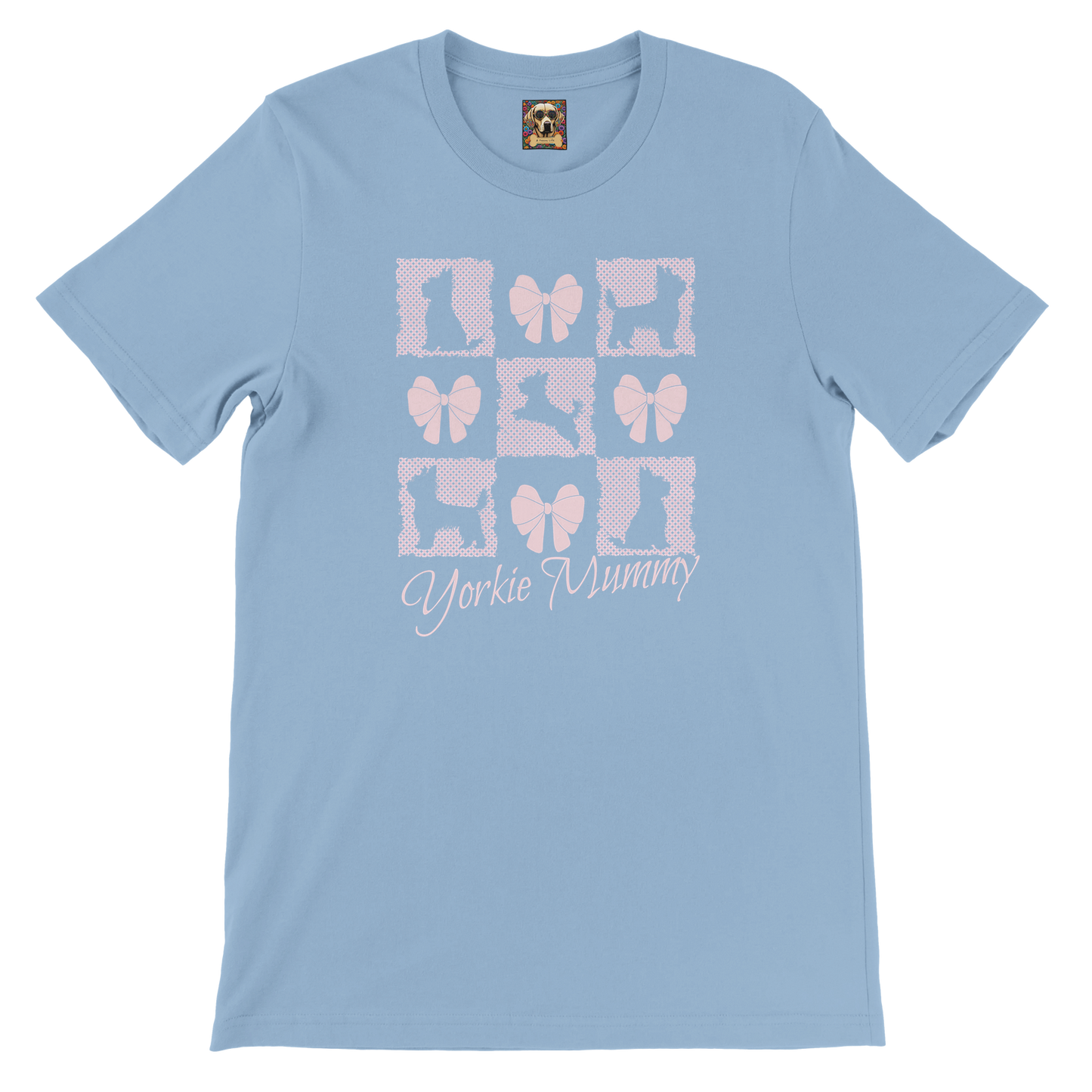 Personalized T-Shirt – Grand Millennial & Coquette Chic, Yorkie Silhouette & Pink Bow Collage Light Blue