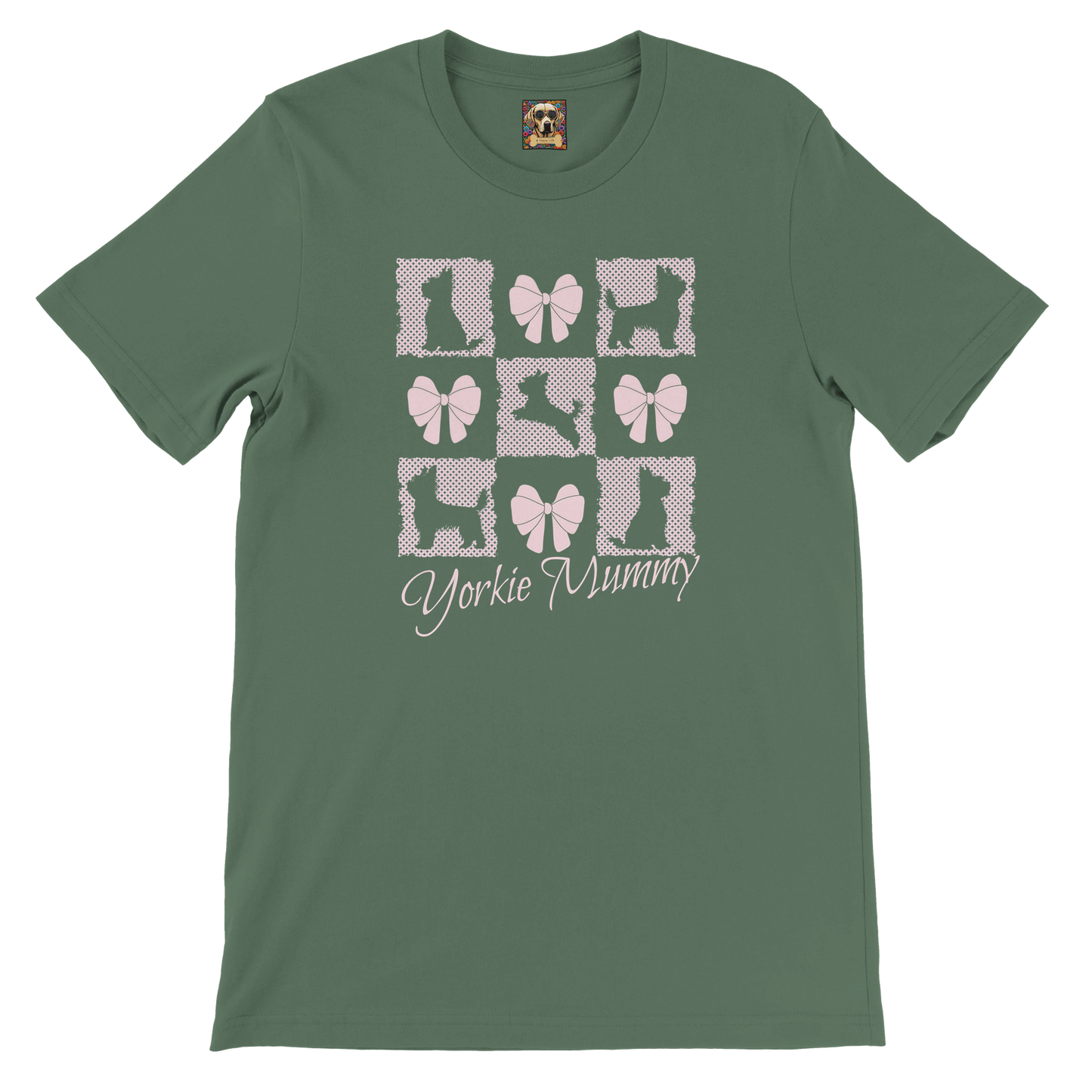 Personalized T-Shirt – Grand Millennial & Coquette Chic, Yorkie Silhouette & Pink Bow Collage Military Green